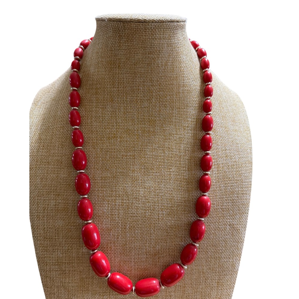 Vintage Red Oval Bead Necklace Silver Spacer Accents Graduated Strand